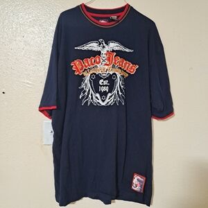 Paco Jeans Mens XXLarge Vintage Tshirt Navy Blue Red Short‎ Sleeve Embrodiery
